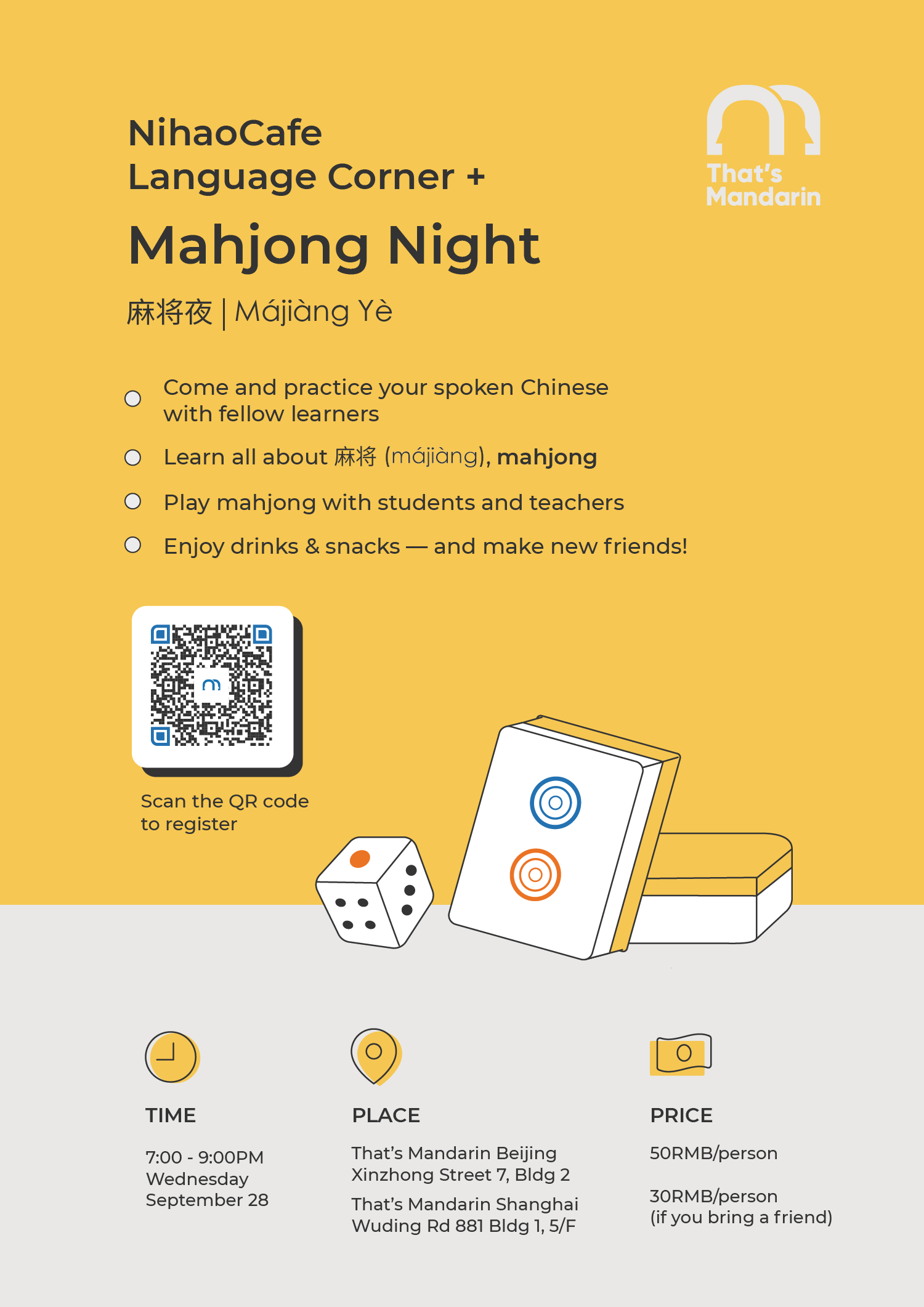 Sep 28, 2022 | NihaoCafe Language Corner + Mahjong Night Sep 28, 2022 | NihaoCafe Language Corner + Mahjong Night