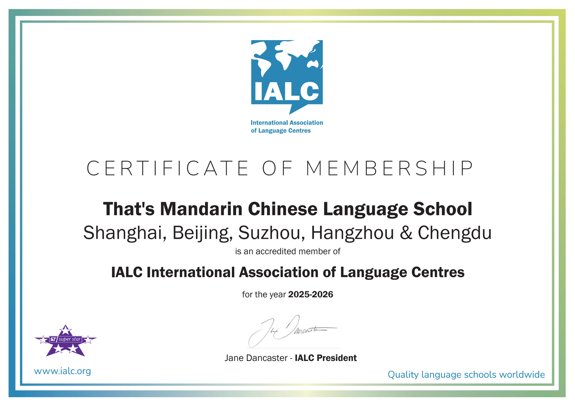 That's Mandarin is now the Official Member of IALC (International Association of Language Centres)